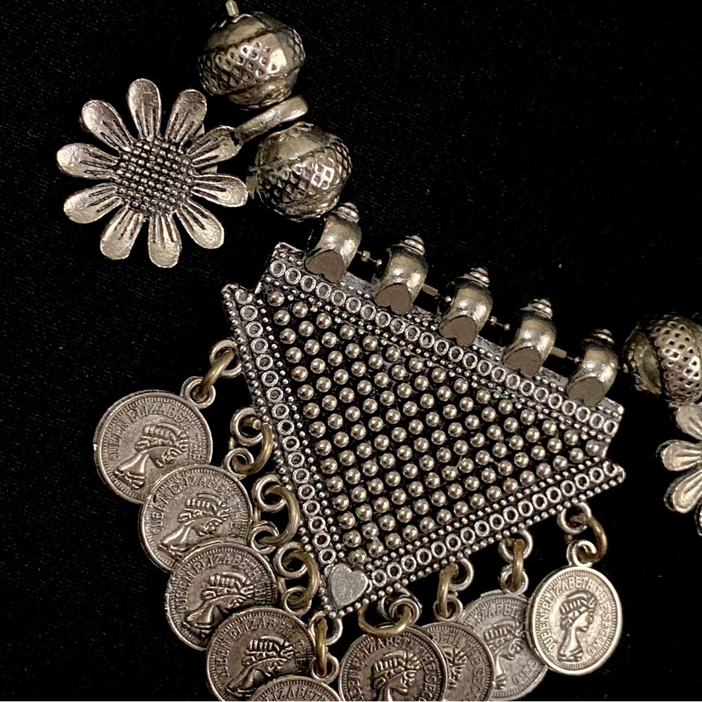 (Non-Magnetic) Silver-Tone Tribal Coin Statement Necklace